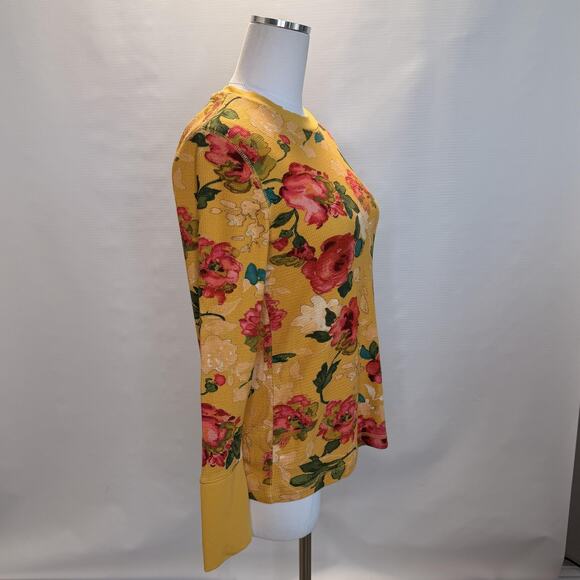 Sundance Shirt Womens Large Yellow Floral Waffle Knit Long Sleeve Top Crewneck - Picture 2 of 9
